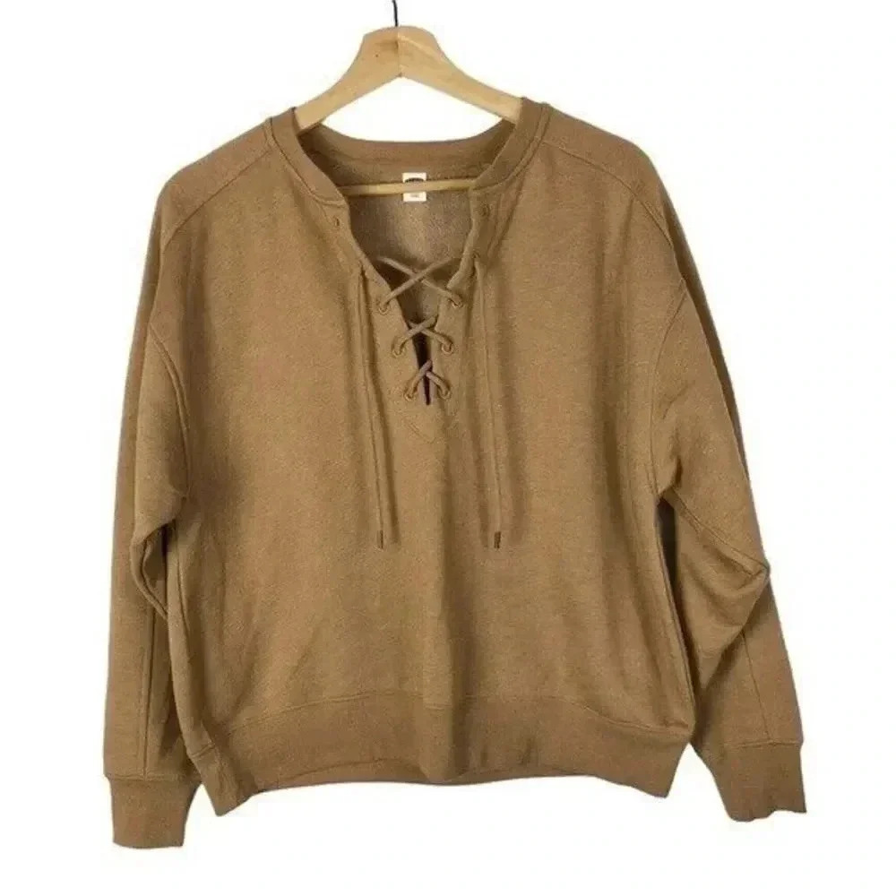 Old Navy Light Brown Lace Up Neckline Fleece Lined Sweatshirt S